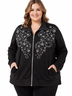 Susan Graver Women’s Zip Up Jacket Rhinestone Embellished Black Size 3X